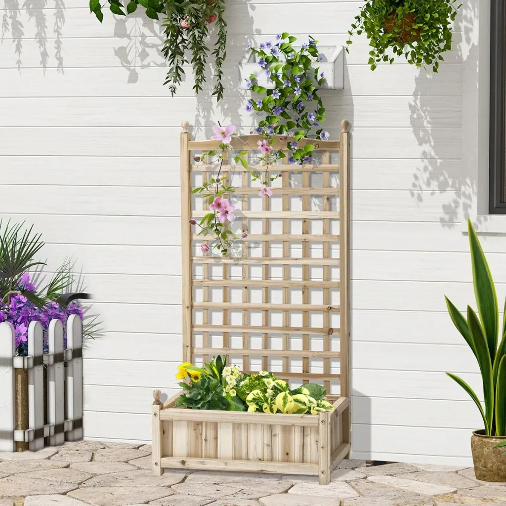 Pflanzkasten Blumenständer Rankgitter Rankkasten Rosenbogen mit Leckage-Löcher Garten Holz Naturholz 64 x 28 x 120 cm