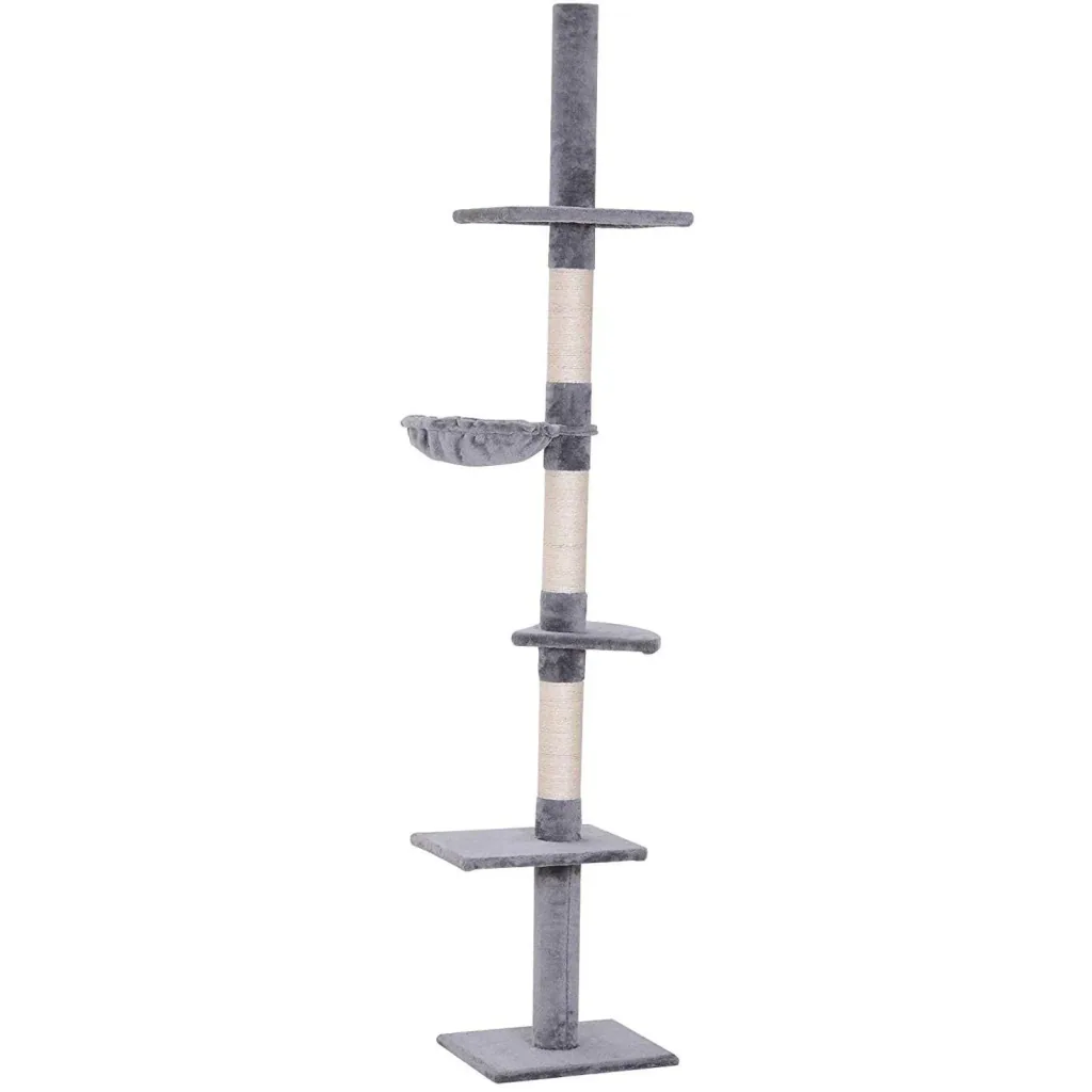 Kratzbaum Kletterbaum Spielbaum Katzenkratzturm deckenhoch höhenverstellbar Holz+Sisal+Plüsch Grau 40x30x(230 260) cm