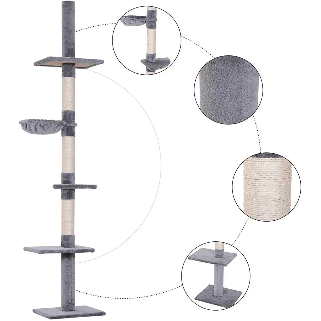 Kratzbaum Kletterbaum Spielbaum Katzenkratzturm deckenhoch höhenverstellbar Holz+Sisal+Plüsch Grau 40x30x(230 260) cm