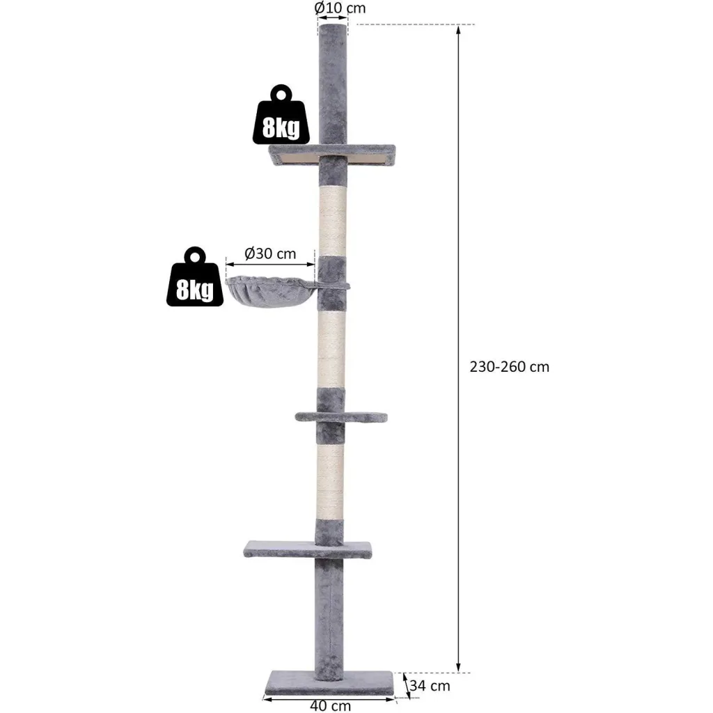 Kratzbaum Kletterbaum Spielbaum Katzenkratzturm deckenhoch höhenverstellbar Holz+Sisal+Plüsch Grau 40x30x(230 260) cm