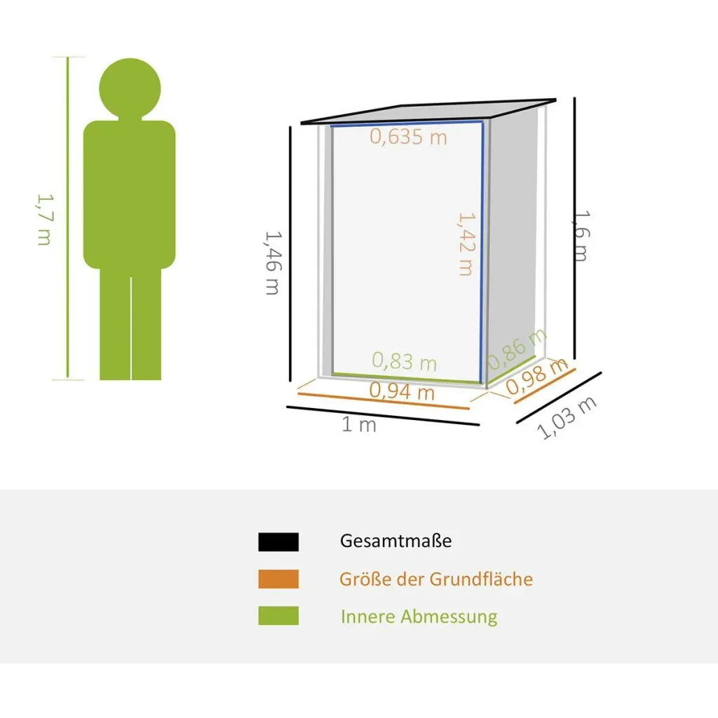 Gerätehaus mit Pultdach 1 x 1 m Metall Gartenhaus Geräteschuppen 0,92 m² verzinkter Stahl Dunkelgrau