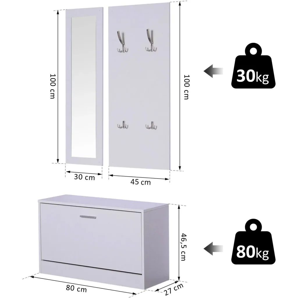 3-teiliges Garderoben-Set Flurgaderobe mit Schuhschrank Garderobe Wandspiegel 4 Haken Weiß 30 x 100 cm
