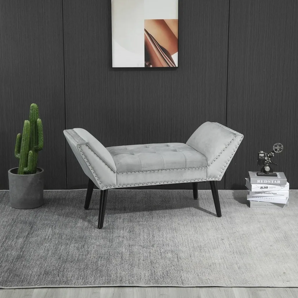 Polsterbank Sitzbank moderner Bettbank mit Knöpfen Gummiholz Samtige Berührung Hellgrau 114 x 46 x 56 cm
