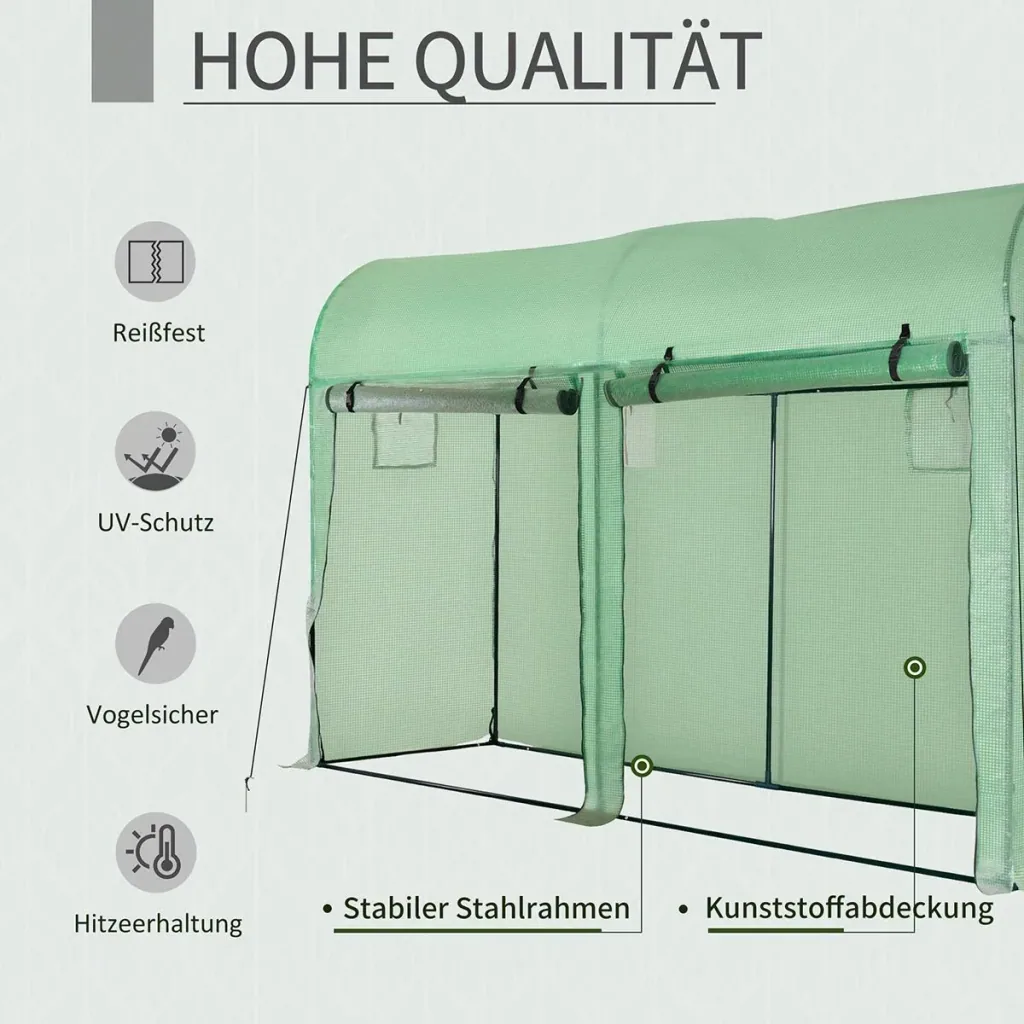 Foliengewächshaus Tomatengewächshaus Treibhaus Folientunnel Frühbeet 4 Fenster und 2 Türen Grün Stahl PE-Kunststoff 300