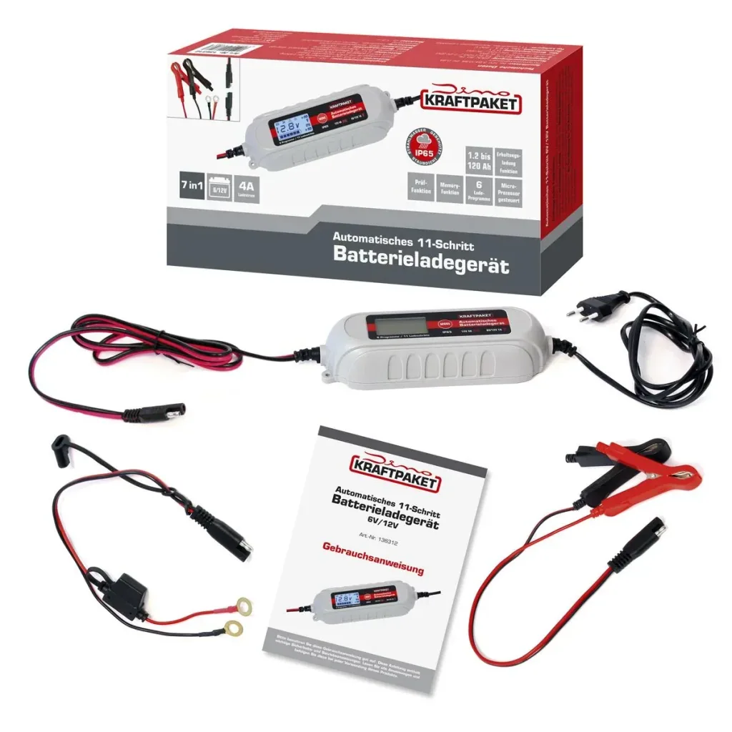Batterieladegerät 6 / 12 Volt - 4 A - mit Polklemmen und Ringösenkabel