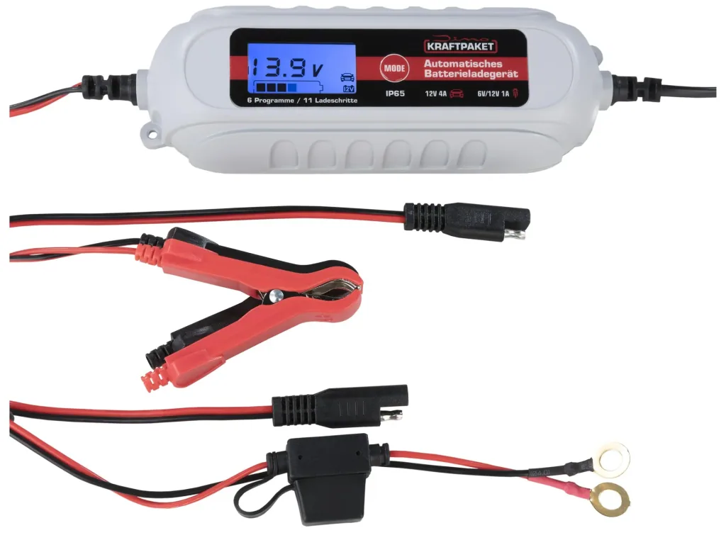 Batterieladegerät 6 / 12 Volt - 4 A - mit Polklemmen und Ringösenkabel