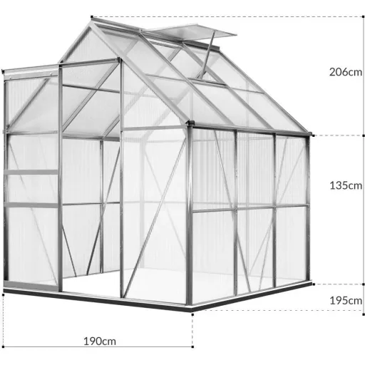 Aluminium-Gewächshaus 5,85 m³ mit Oberlicht, Regenrinne und Fundament
