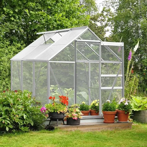 Aluminium-Gewächshaus 5,85 m³ mit Oberlicht, Regenrinne und Fundament