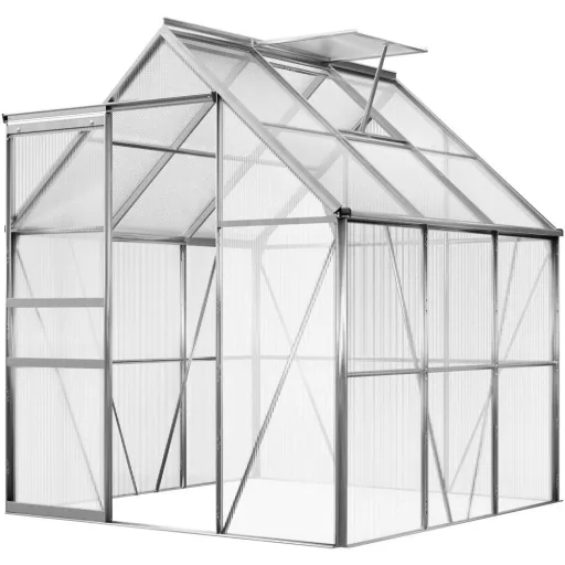 Aluminium-Gewächshaus 5,85 m³ mit Oberlicht, Regenrinne und Fundament
