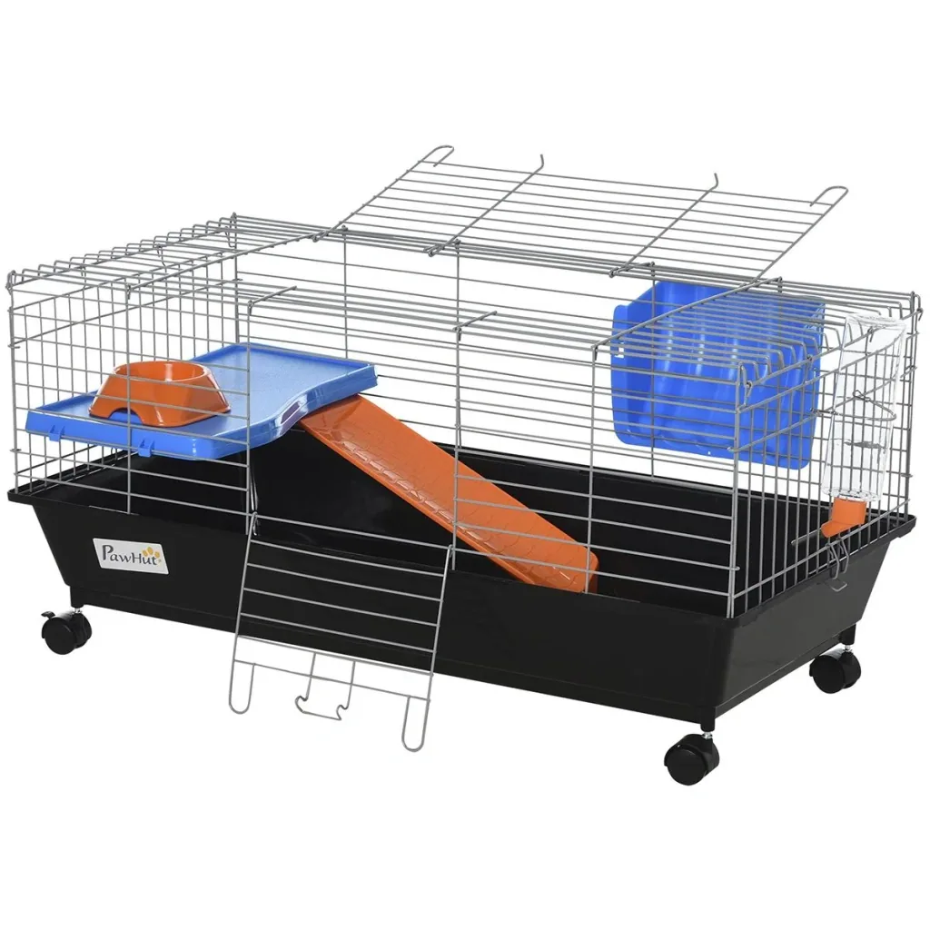 Kleintierkäfig, Nagerkäfig Rollbar, Starter-Set mit allem Zubehör, Stahl+PP+Nylon, Schwarz, 89x44x43 cm