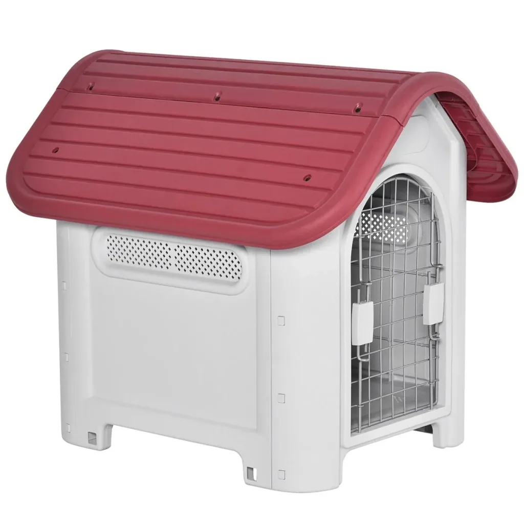 Hundehütte Outdoor Hundehaus mit Dachluke Tor Unterschlupf für kleine Hunde Luftzirkulation Metall PP Rot+Hellgrau 59 x