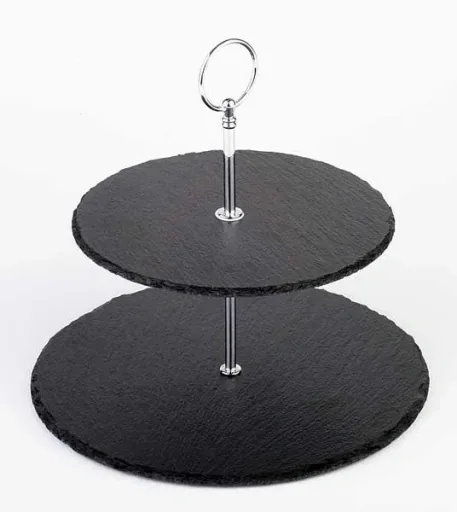 Etagere, 2-stufig, Schieferplatten Ø 25 cm, Ø 20 cm, Höhe 24 cm, Metall verchromt