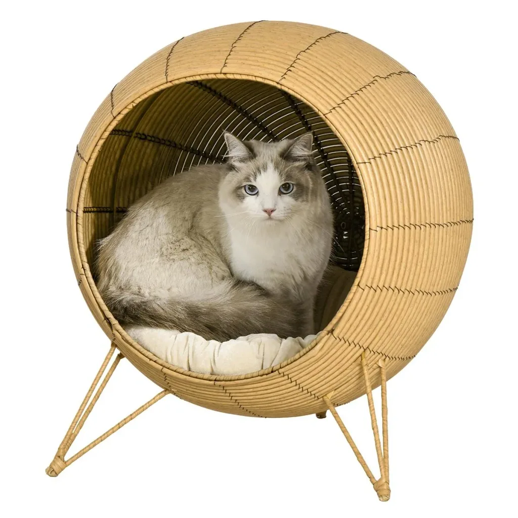 Rattan Katzenhöhle Katzenhaus mit Kissen und erhöhten Füßen PE-Rattan Hellbraun Ø52 x 58 cm
