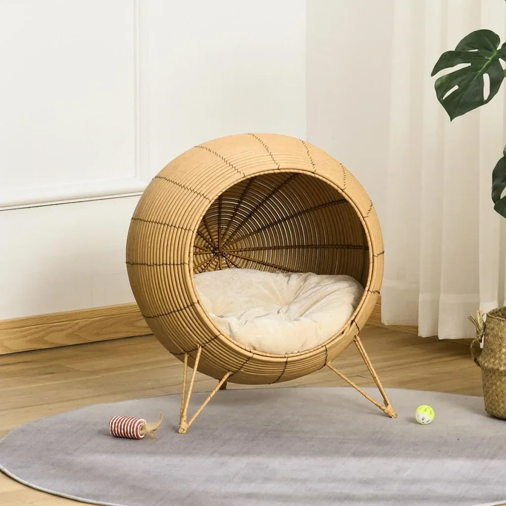 Rattan Katzenhöhle Katzenhaus mit Kissen und erhöhten Füßen PE-Rattan Hellbraun Ø52 x 58 cm