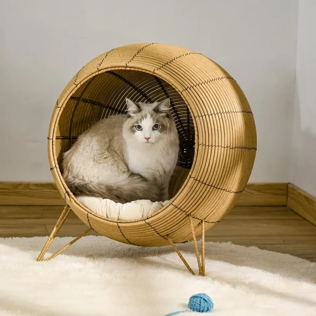 Rattan Katzenhöhle Katzenhaus mit Kissen und erhöhten Füßen PE-Rattan Hellbraun Ø52 x 58 cm