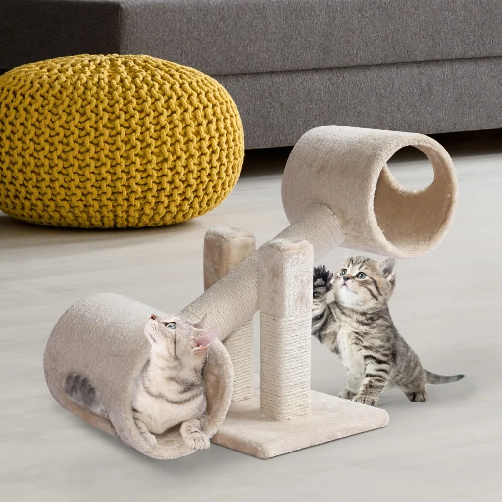 Kratzbaum Katzenbaum Spielbaum Wippe 2 Tunnel mit Loch Beige L67 x B30 x H26 cm