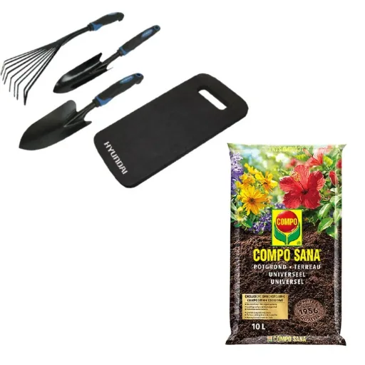 Gartengeräte-Set 4-teilig + INKLUSIVE Compo Sana 10L Blumenerde - Universal - 100 Tage Betrieb