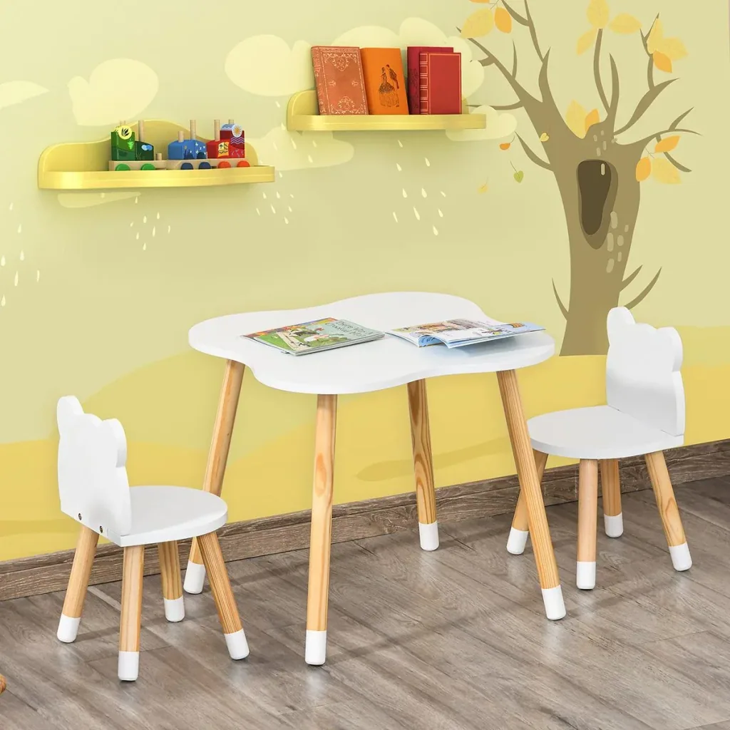 3-teiliges Kindertisch-Set bogenförmige Kindersitzgruppe Tisch mit 2 Stühlen MDF Tischbeine aus Kiefernholz Weiß+Naturho
