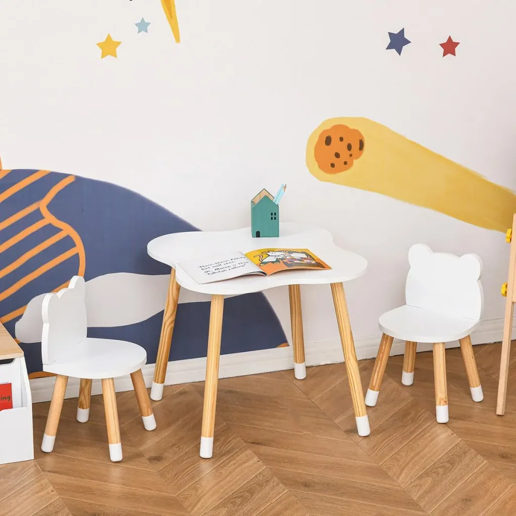 3-teiliges Kindertisch-Set bogenförmige Kindersitzgruppe Tisch mit 2 Stühlen MDF Tischbeine aus Kiefernholz Weiß+Naturho