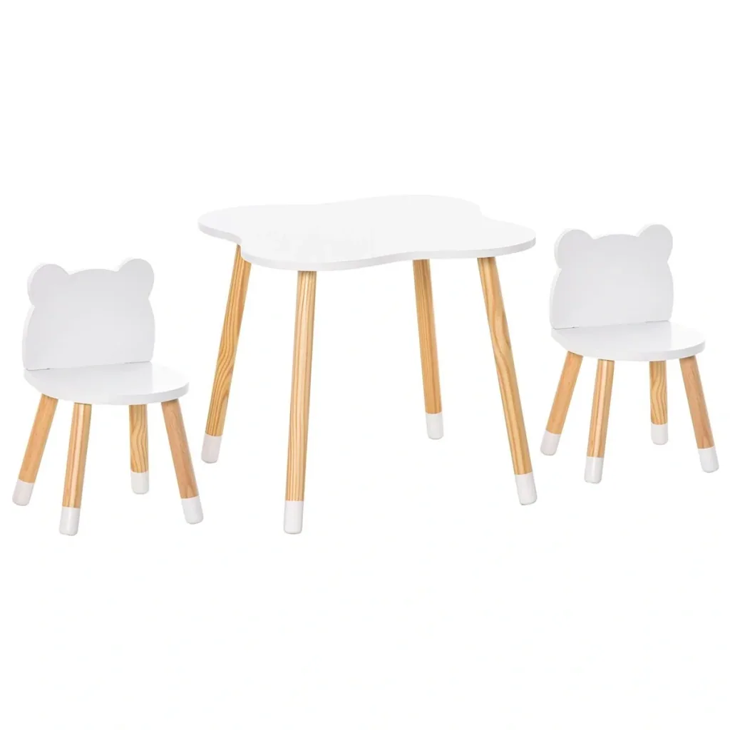 3-teiliges Kindertisch-Set bogenförmige Kindersitzgruppe Tisch mit 2 Stühlen MDF Tischbeine aus Kiefernholz Weiß+Naturho