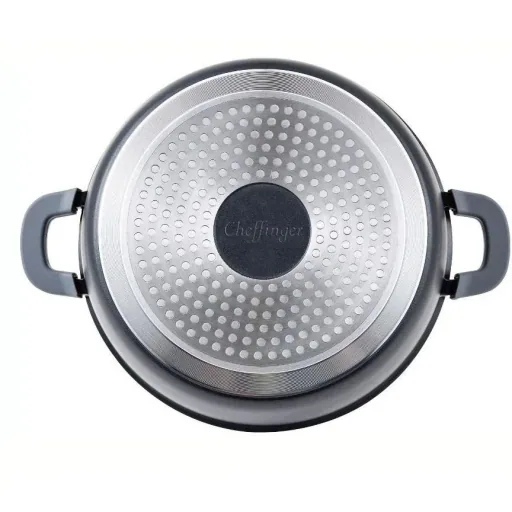 Cheffinger Schmortopf / Niedrige Pfanne / Serviertopf - Marmorbeschichtung - mit abnehmbaren Silikongriffen - SS - 24cm