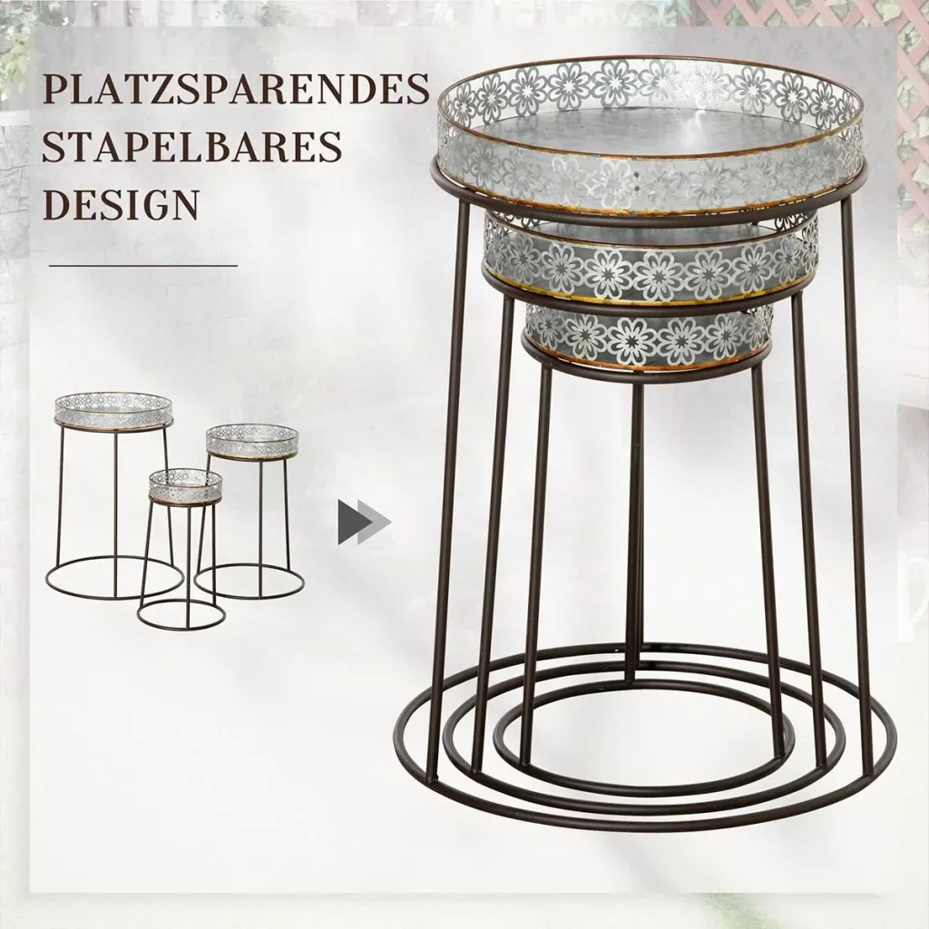 Blumenständer 3er Set aus Metall für Blumentopf Stapelbar Kaffee+Silber