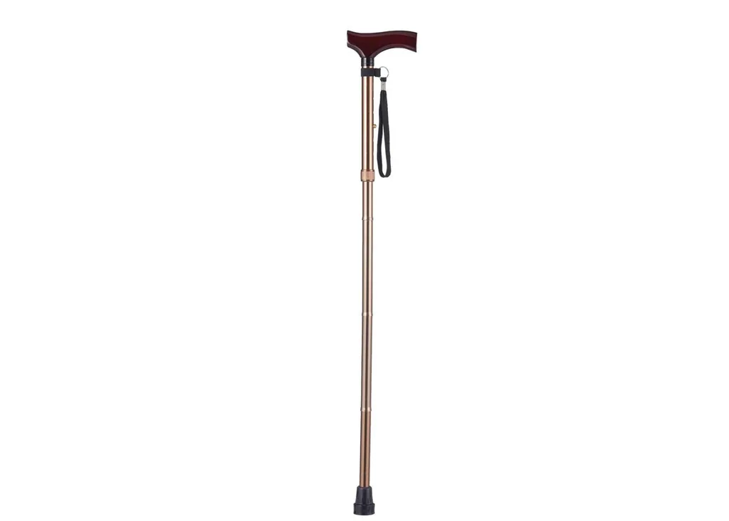 Klappbarer Gehstock für Senioren, zusammenklappbarer Gehstock für ältere Menschen, leichtes Aluminium, ergonomischer Holzgriff, verstellbar 82–92 cm, rutschfeste Spitze, Handschlaufe, Tragetasche, Bronze