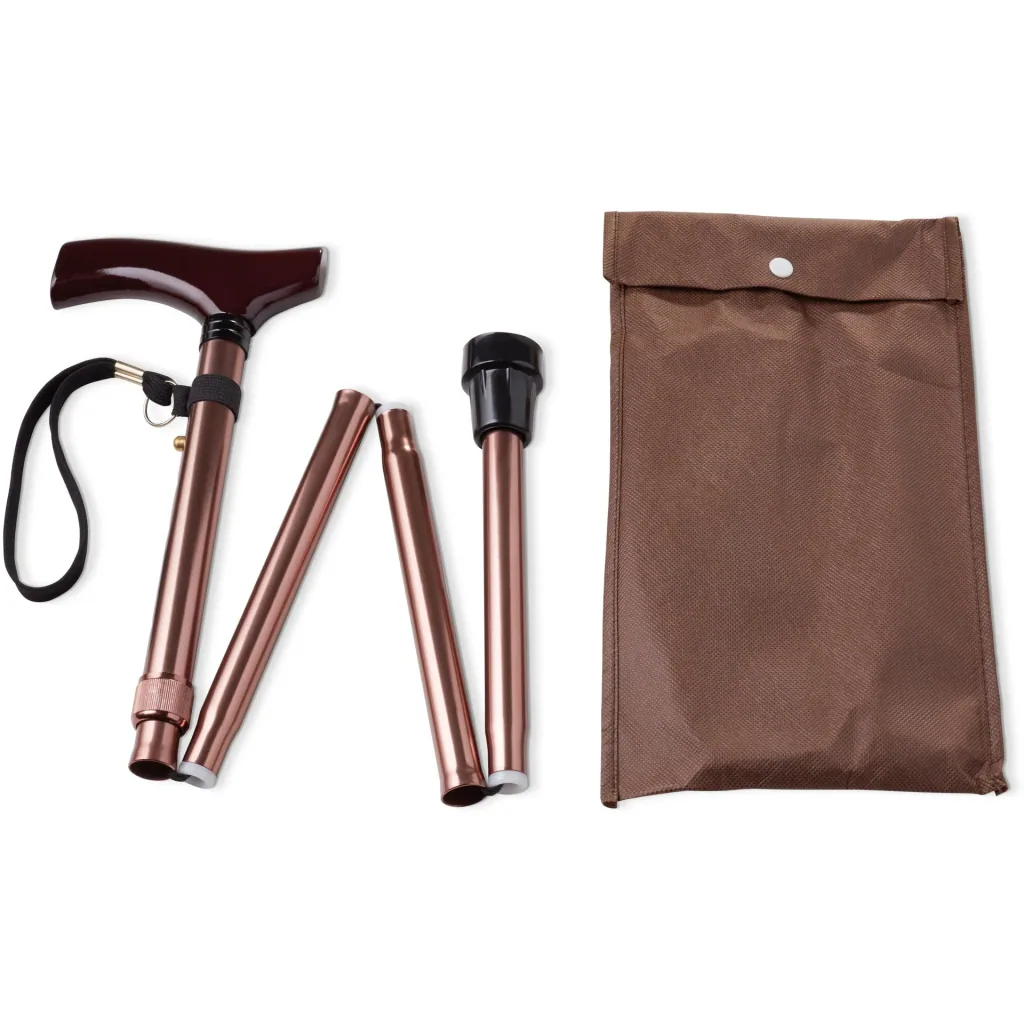 Klappbarer Gehstock für Senioren, zusammenklappbarer Gehstock für ältere Menschen, leichtes Aluminium, ergonomischer Holzgriff, verstellbar 82–92 cm, rutschfeste Spitze, Handschlaufe, Tragetasche, Bronze