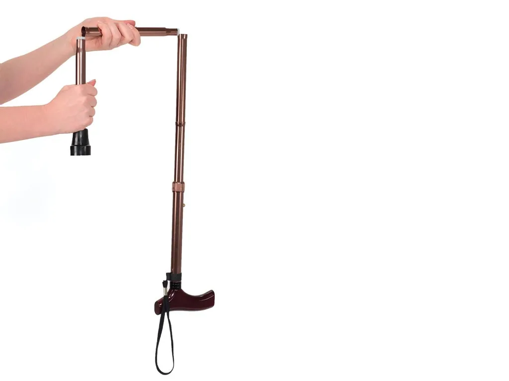 Klappbarer Gehstock für Senioren, zusammenklappbarer Gehstock für ältere Menschen, leichtes Aluminium, ergonomischer Holzgriff, verstellbar 82–92 cm, rutschfeste Spitze, Handschlaufe, Tragetasche, Bronze