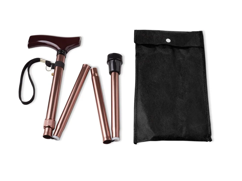 Klappbarer Gehstock für Senioren, zusammenklappbarer Gehstock für ältere Menschen, leichtes Aluminium, ergonomischer Holzgriff, verstellbar 82–92 cm, rutschfeste Spitze, Handschlaufe, Tragetasche, Bronze