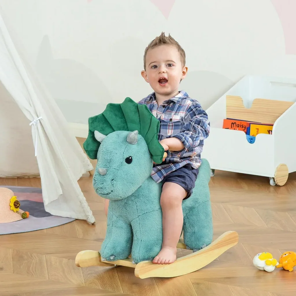 Schaukelpferd Plüsch Schaukeltier Babyschaukel mit Triceratops-Design Spielzeug für 36-72 Monaten Kinder Dunkelgrün 64 x