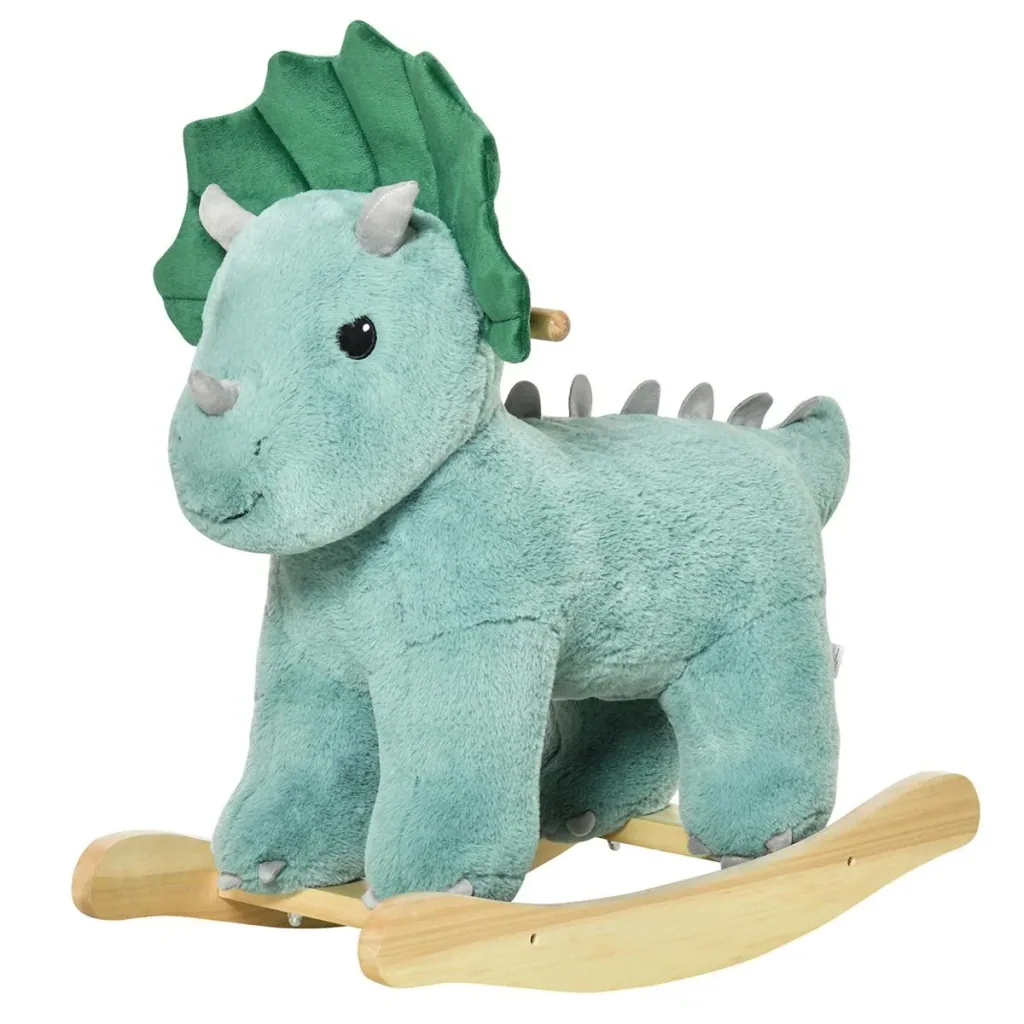 Schaukelpferd Plüsch Schaukeltier Babyschaukel mit Triceratops-Design Spielzeug für 36-72 Monaten Kinder Dunkelgrün 64 x