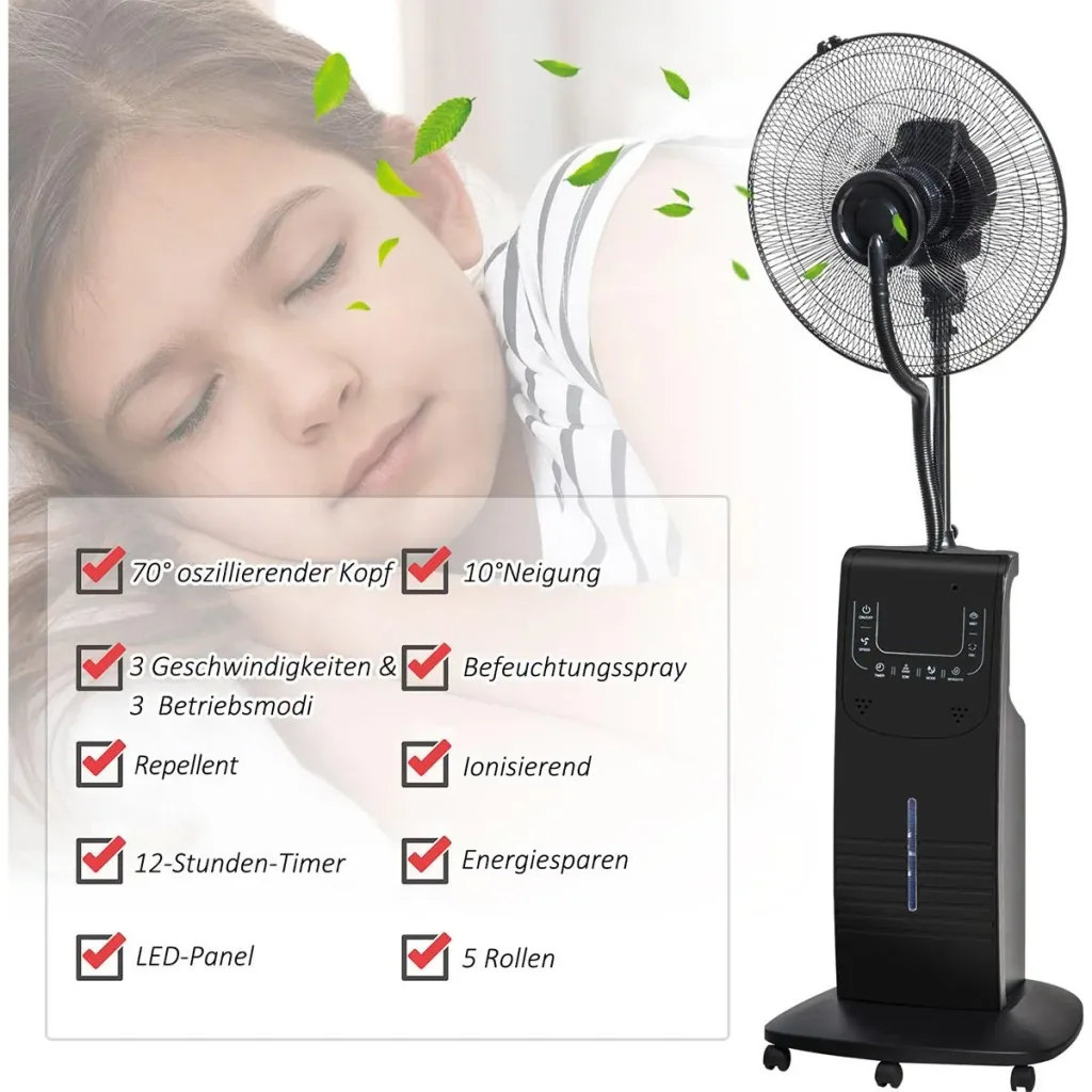 Nebel-Standventilator mit 3 Modi schwarz