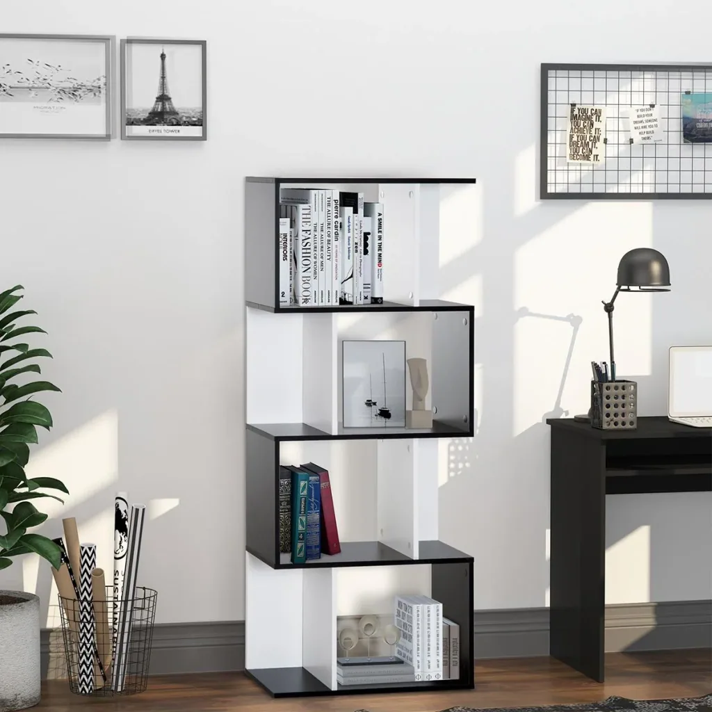 Bücherregal S-förmiges Standregal Lagerregal 4-stufige Vitrine mit Hardware-Schnalle moderner Raumteiler Spanplatte Sch