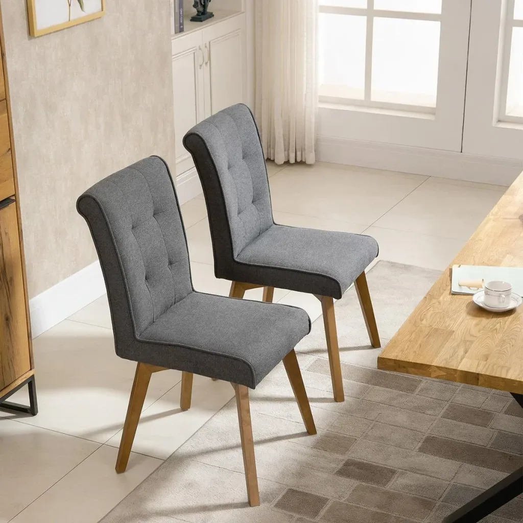 Esszimmerstühle 2er-Set mit Rückenlehne Leinen-Polyester-Gewebe Schaumstoff Gummiholz Grau 45 x 61,5 x 94 cm