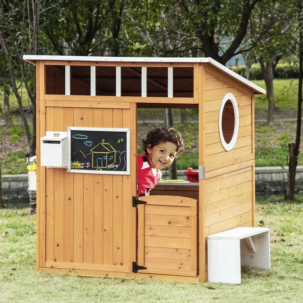Spielhaus für Kinder Holz mit Fenster Briefkasten mit Blumentopfrack für 3-8 Jahre Tannenholz Gelb 122 x 108 x 135,5 cm
