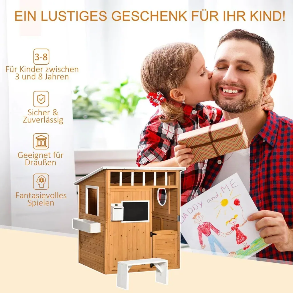 Spielhaus für Kinder Holz mit Fenster Briefkasten mit Blumentopfrack für 3-8 Jahre Tannenholz Gelb 122 x 108 x 135,5 cm