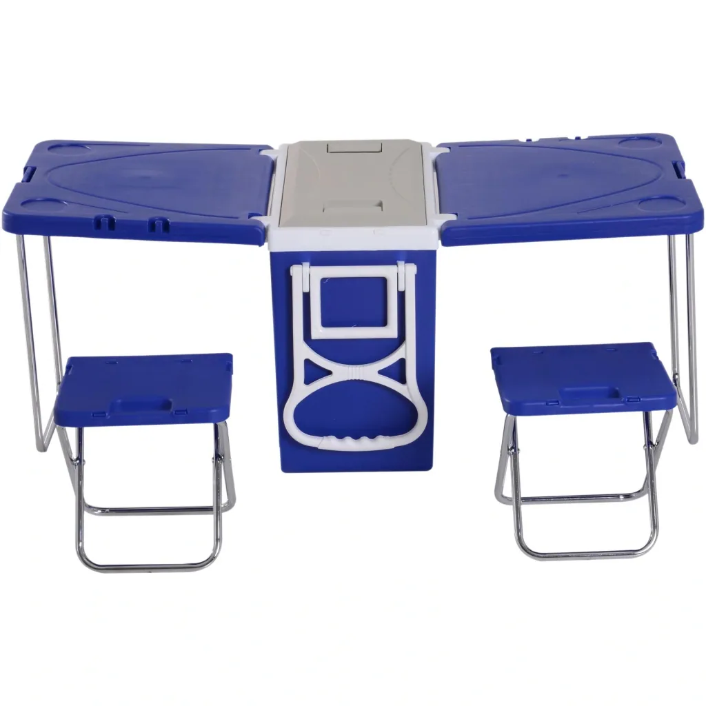 Kühlbox mit Rollen 28L tragbar Camping 3-in-1-Set mit 1 Seitentisch + 2 Hocker klappbar