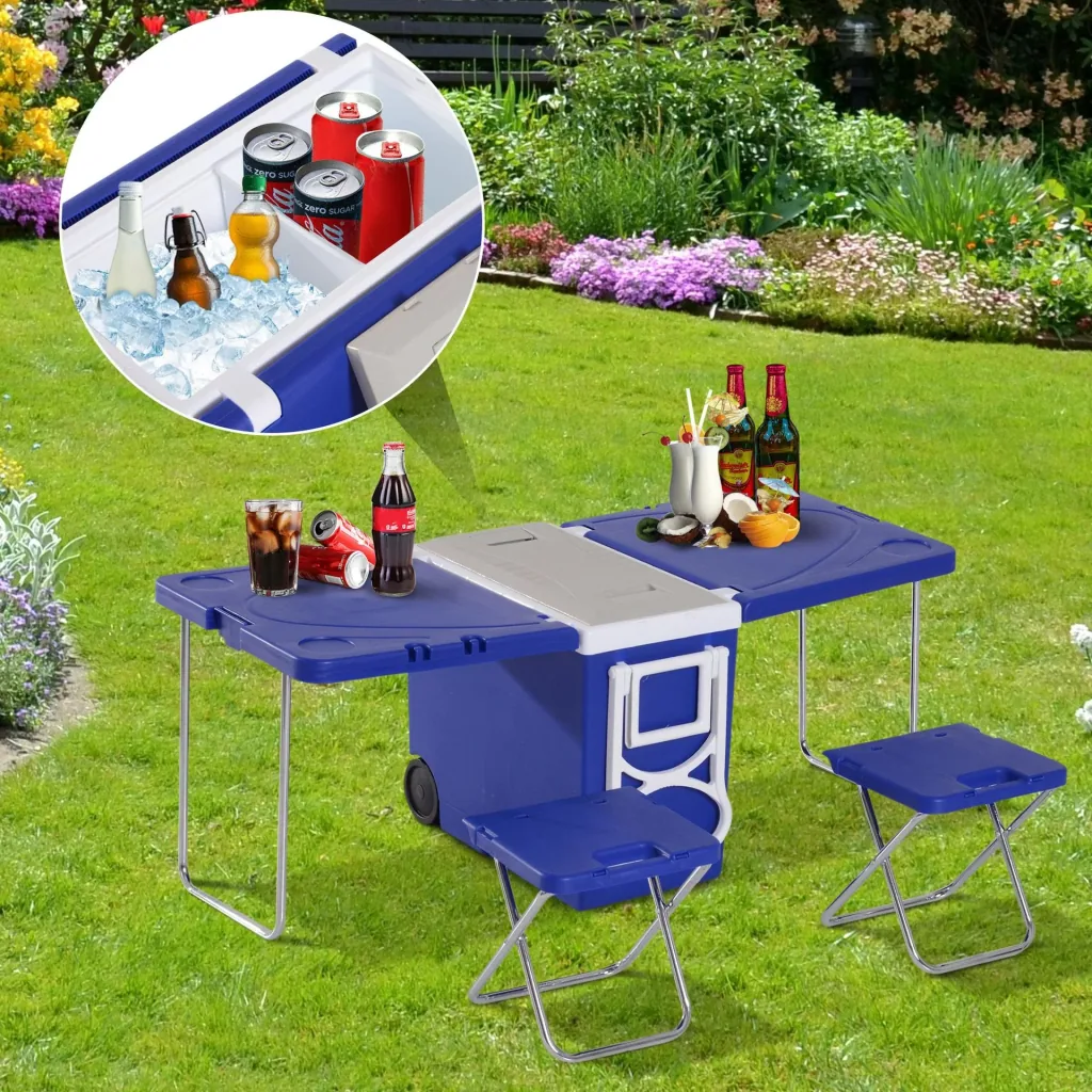Kühlbox mit Rollen 28L tragbar Camping 3-in-1-Set mit 1 Seitentisch + 2 Hocker klappbar