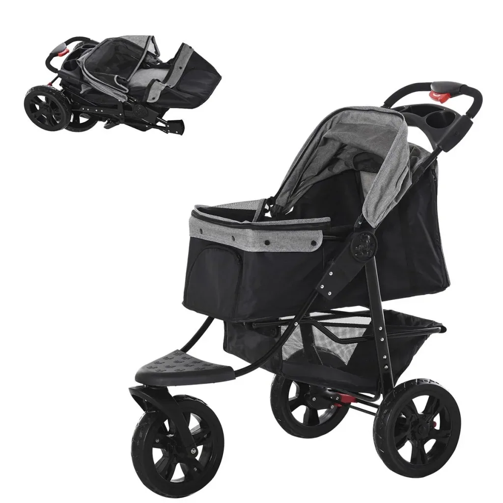 Hundewagen Hundebuggy Katzenbuggy Pet Stroller mit 3 Rädern klappbar Hunde Katze Oxford Grau+Schwarz 109,5 x 57,5 x 106,