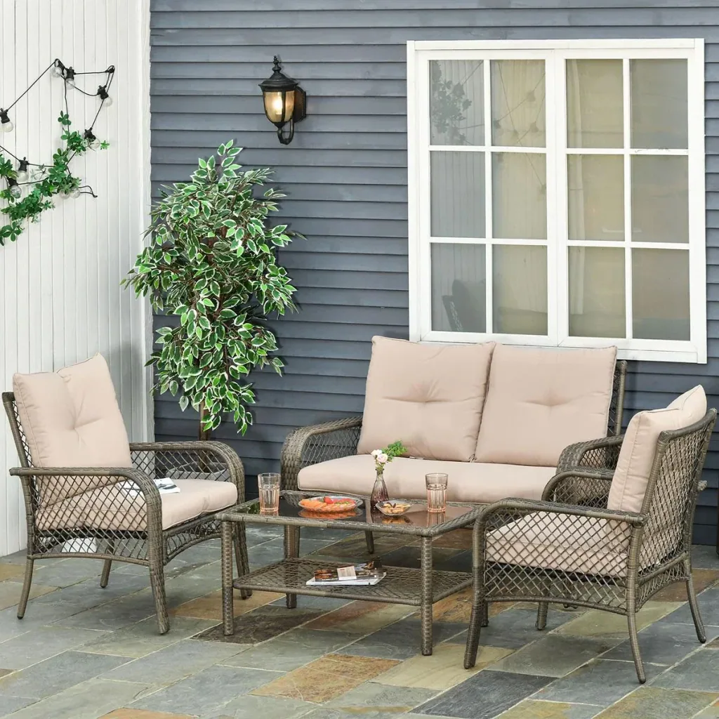 4-tlg. Gartensitzgruppe mit Beistelltisch Kissen Rattan Gartenset Polyrattan Metall Grau 136 x 79 x 88 cm