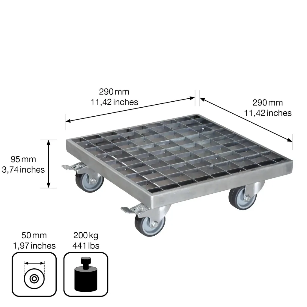 Multi Roller MR 7015, 29 x 29 x 9,5 cm, softe Rollen Ø 50 mm, Rollenlager, 2 Bremsen, Gitterrost, Tragkraft 200 kg