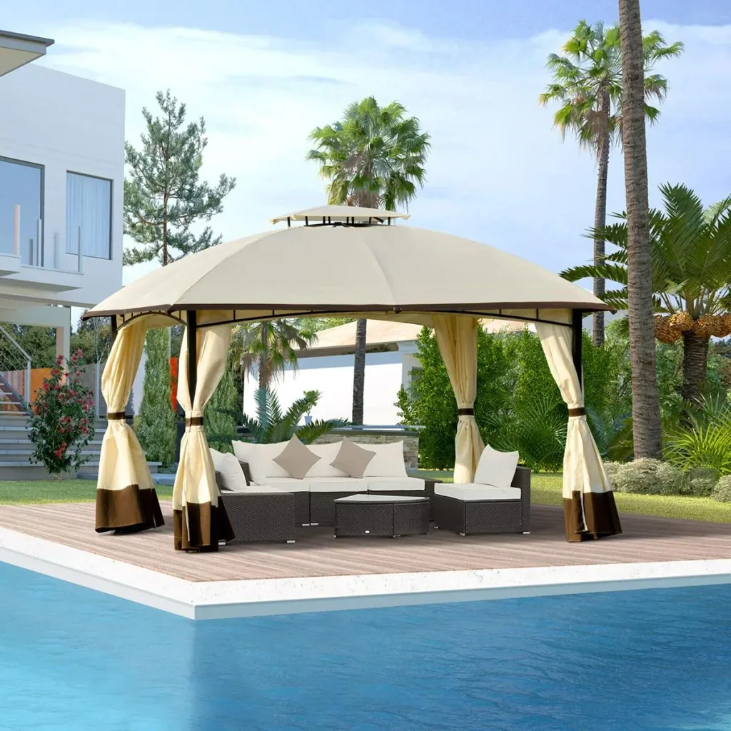 Pavillion Gartenpavillon Sonnenschutz praktische Zweistufiges Dach privat Cremeweiß+Braun 360 x 297 x 273 cm