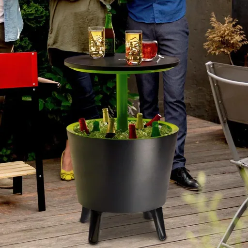 Beistelltisch mit Coolbar/Kühlbox/Partykühler - Grau/Grün - Ø50cm - 30L