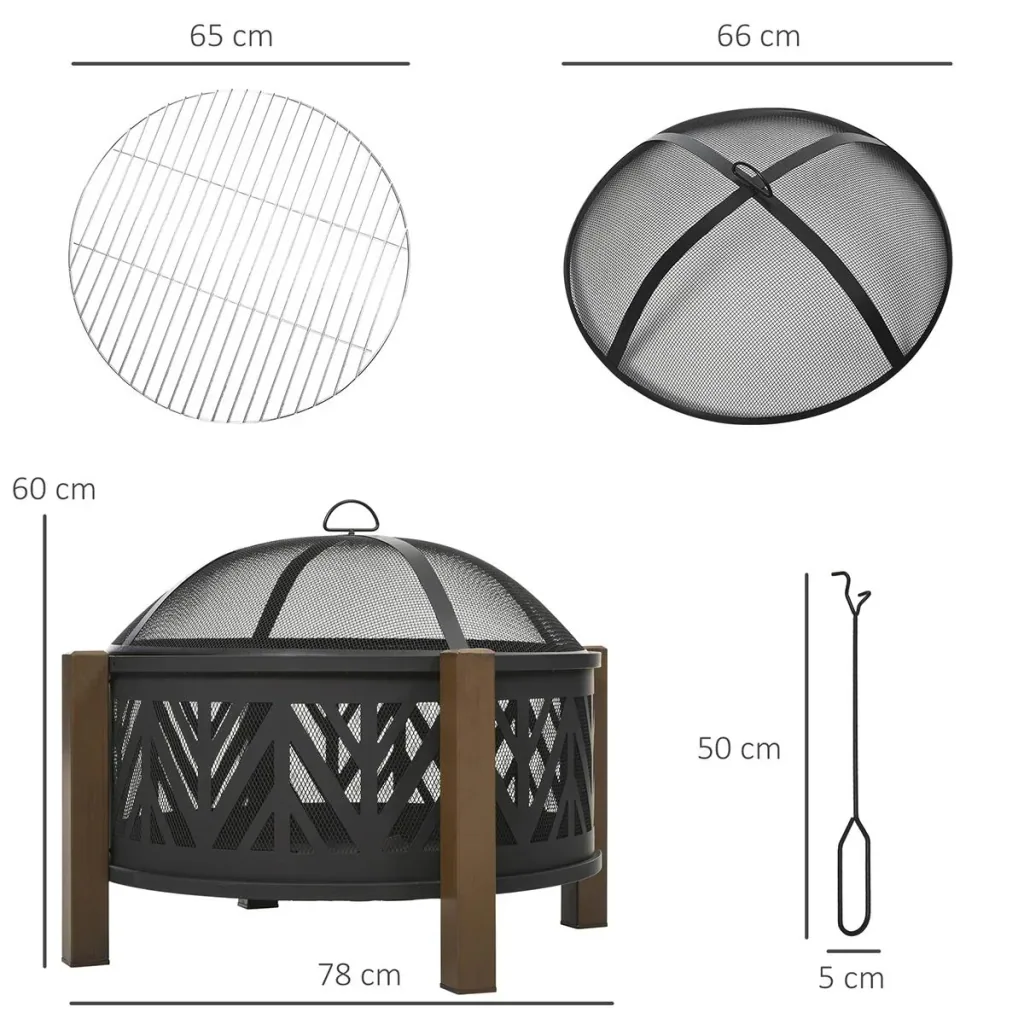 2-in-1 Feuerschale Feuerkorb Feuerstelle mit Funkenschutz Grillrost Garten BBQ Schwarz+Braun 78 x 60H cm