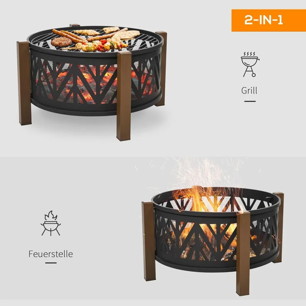 2-in-1 Feuerschale Feuerkorb Feuerstelle mit Funkenschutz Grillrost Garten BBQ Schwarz+Braun 78 x 60H cm