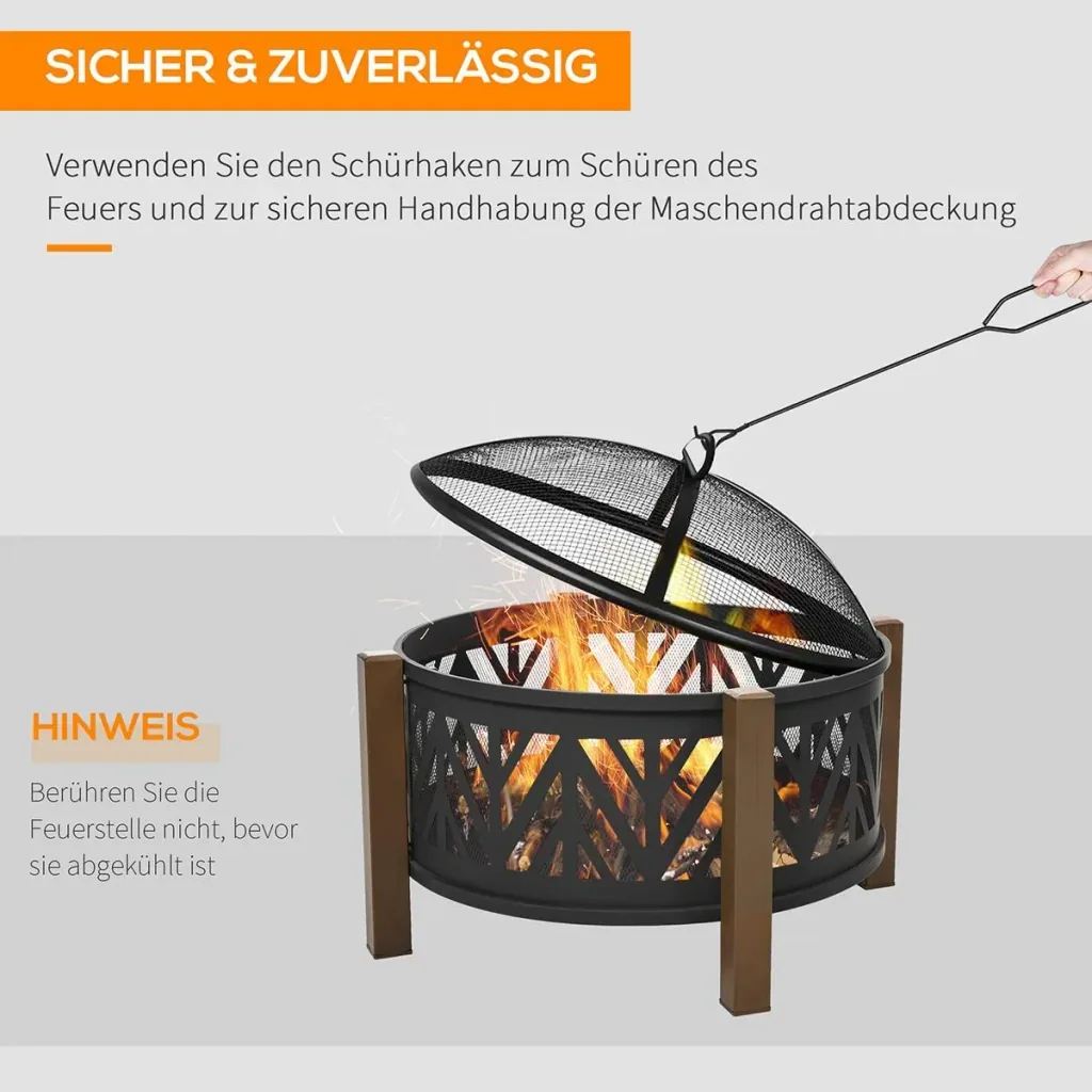 2-in-1 Feuerschale Feuerkorb Feuerstelle mit Funkenschutz Grillrost Garten BBQ Schwarz+Braun 78 x 60H cm