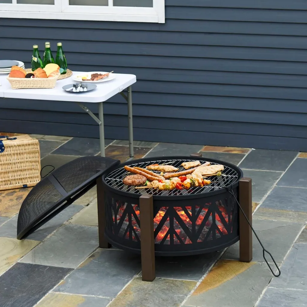 2-in-1 Feuerschale Feuerkorb Feuerstelle mit Funkenschutz Grillrost Garten BBQ Schwarz+Braun 78 x 60H cm