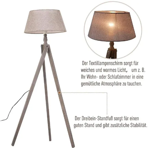 Stehlampe Stehleuchte Tripod Skandinavisch 40W Holz + Leinen beige 52 x 52 x 146 cm