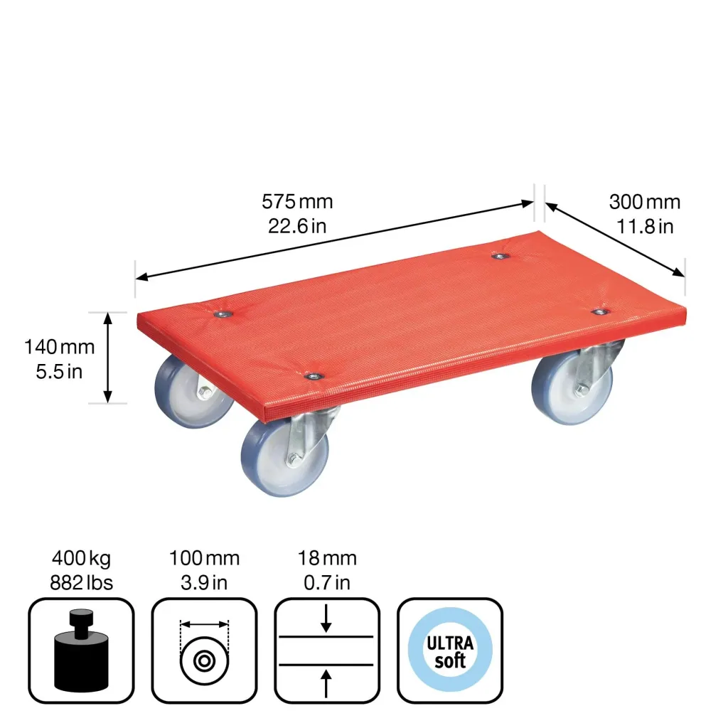 Transporthilfe MM 1396, 57,5 x 30 x 14 cm, softe Rollen Ø 100 mm, Rollenlager, Platte FSC® bezogen, Tragkraft 400 kg